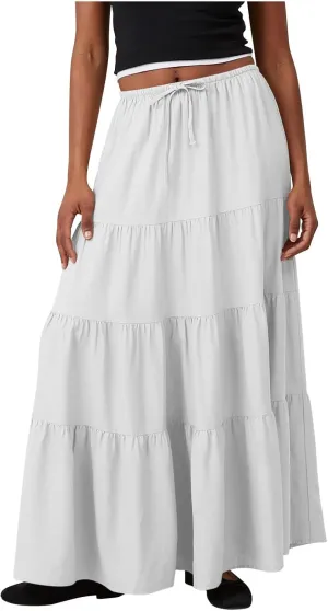 Womens Boho Elastic High Waist Pleated A-Line Flowy Swing Asymmetric Tiered Maxi Long Skirt Dress with Drawstring