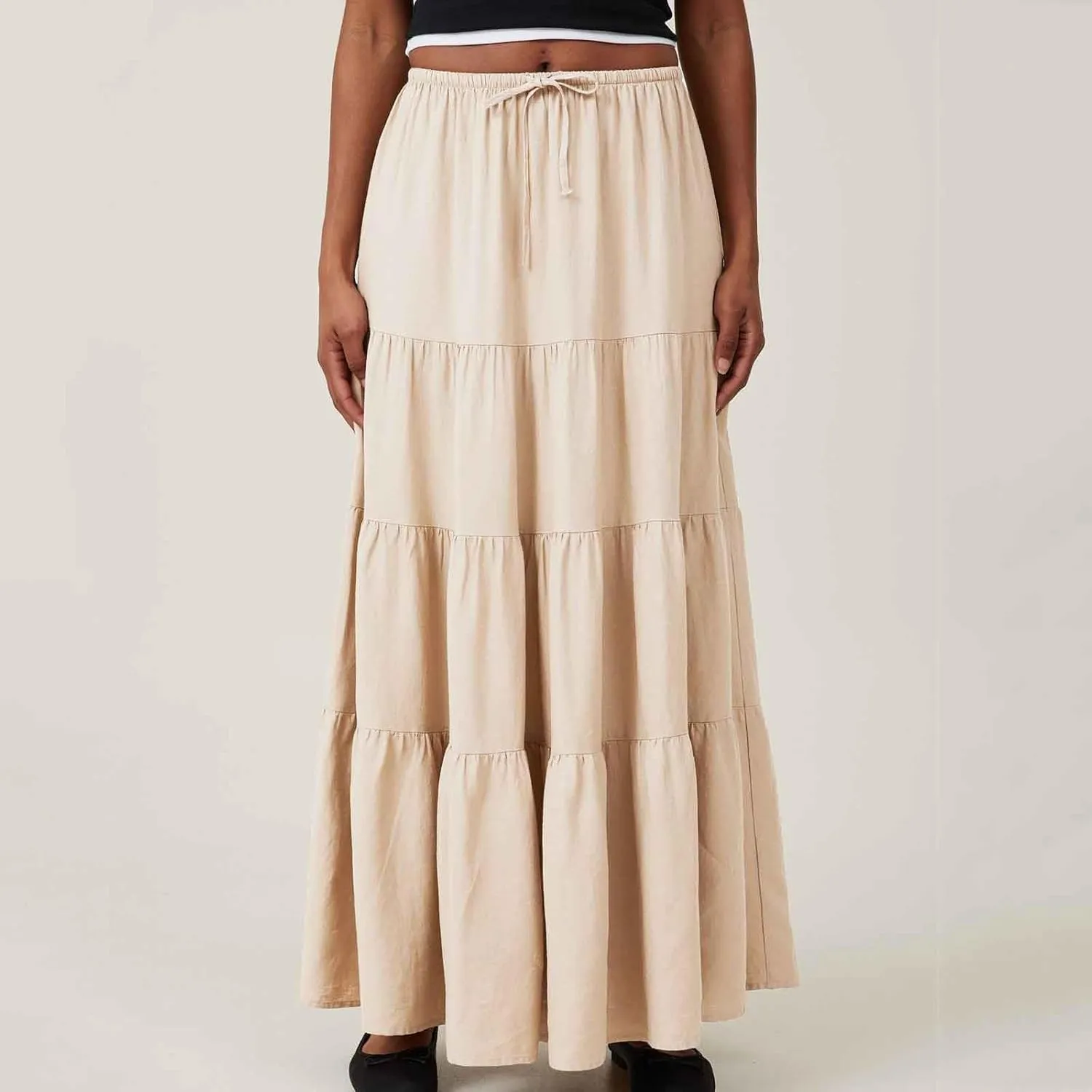 Womens Boho Elastic High Waist Pleated A-Line Flowy Swing Asymmetric Tiered Maxi Long Skirt Dress with Drawstring