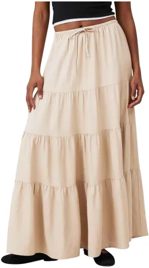 Womens Boho Elastic High Waist Pleated A-Line Flowy Swing Asymmetric Tiered Maxi Long Skirt Dress with Drawstring