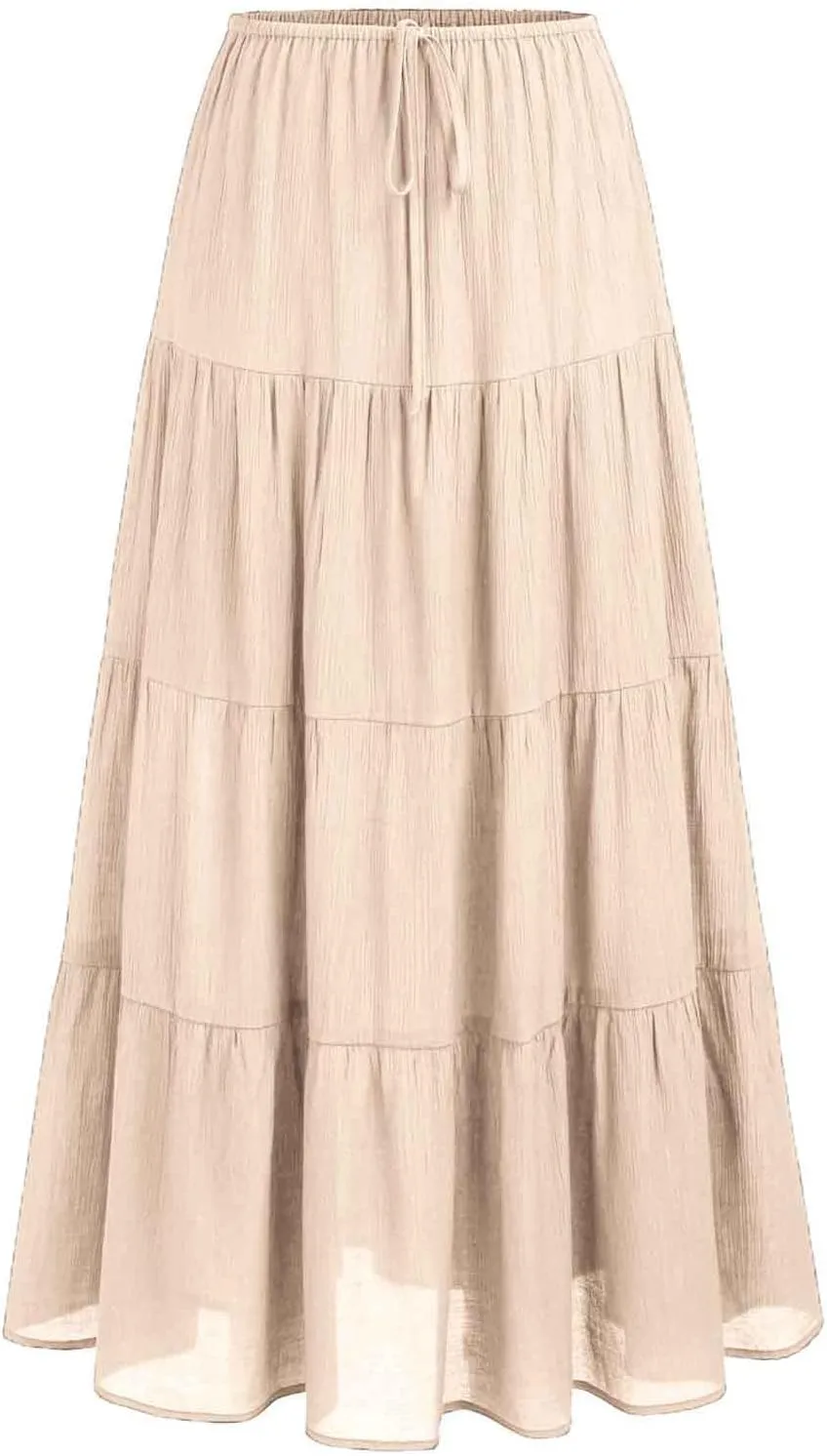 Womens Boho Elastic High Waist Pleated A-Line Flowy Swing Asymmetric Tiered Maxi Long Skirt Dress with Drawstring