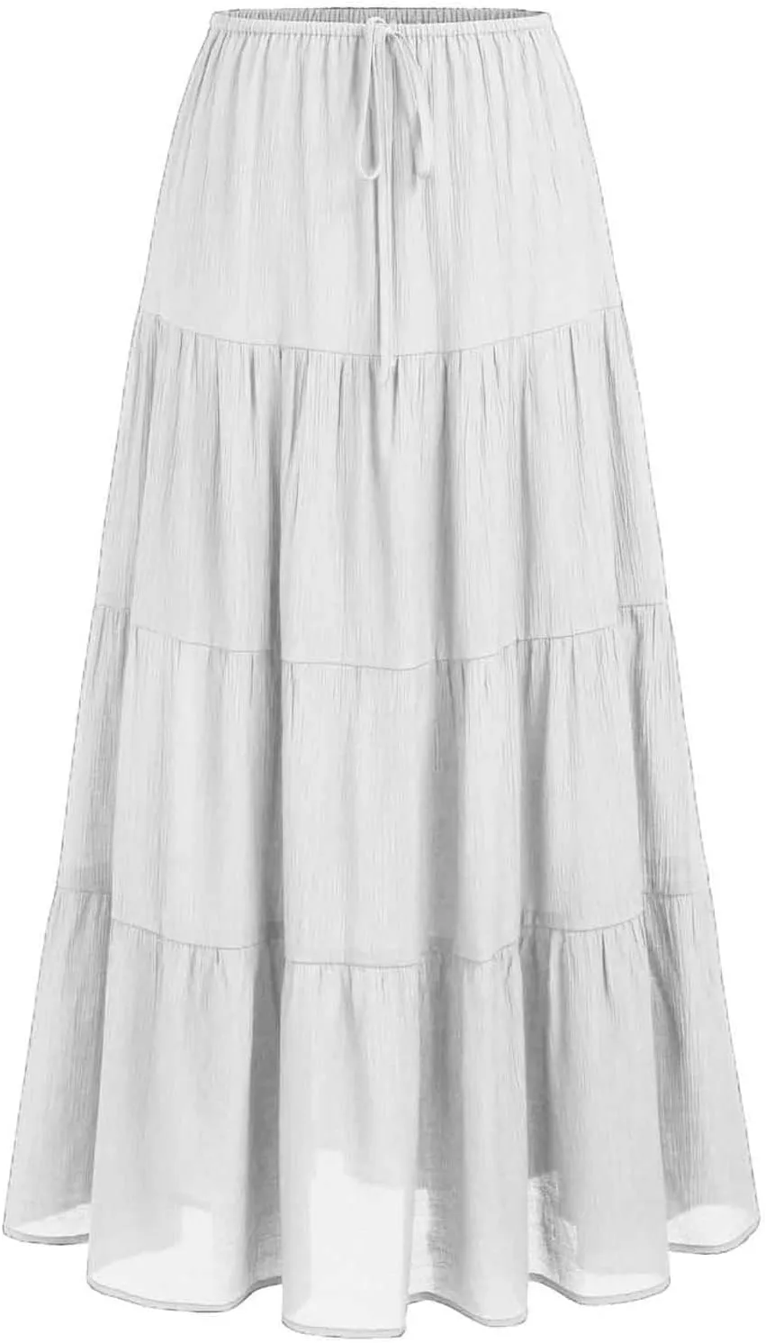 Womens Boho Elastic High Waist Pleated A-Line Flowy Swing Asymmetric Tiered Maxi Long Skirt Dress with Drawstring