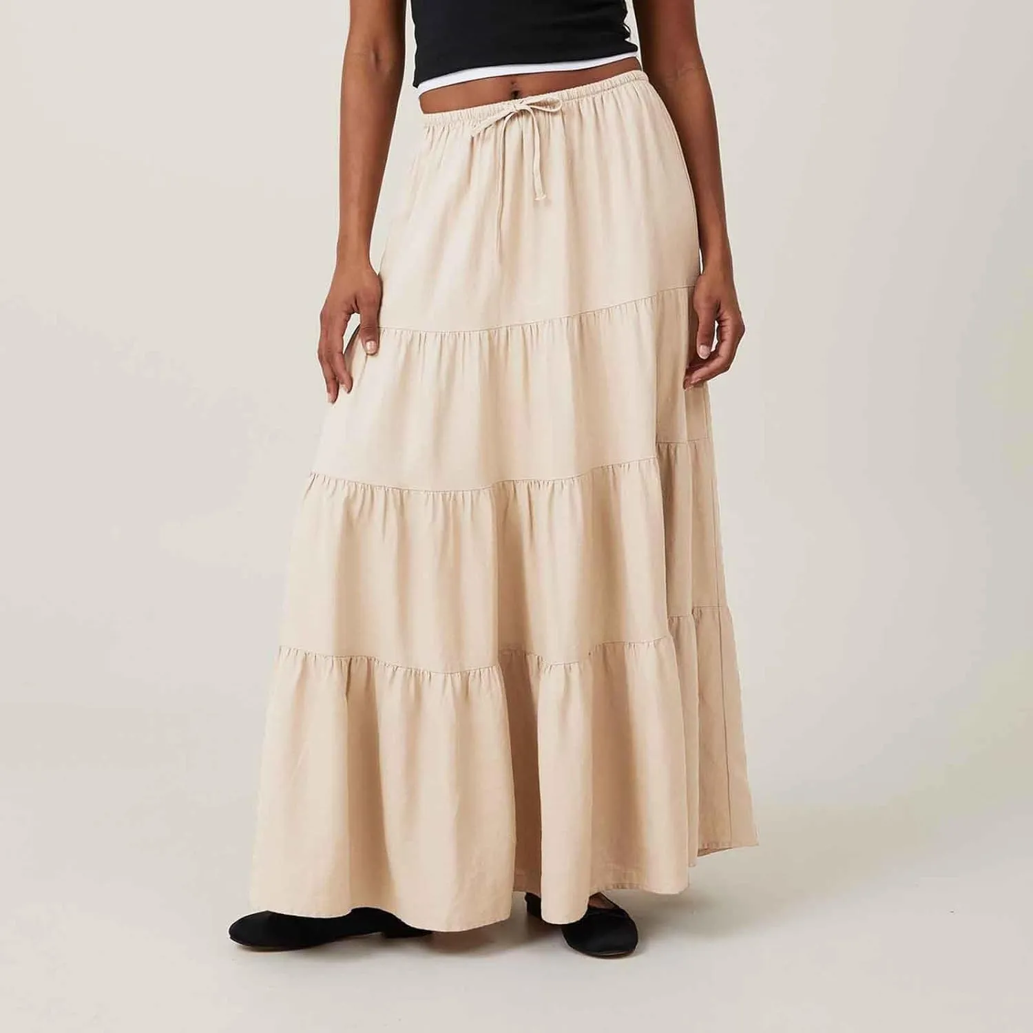 Womens Boho Elastic High Waist Pleated A-Line Flowy Swing Asymmetric Tiered Maxi Long Skirt Dress with Drawstring
