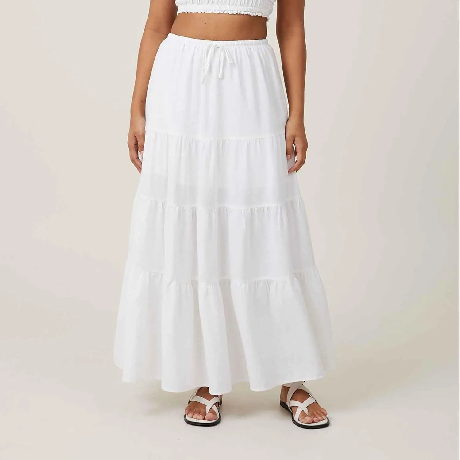 Womens Boho Elastic High Waist Pleated A-Line Flowy Swing Asymmetric Tiered Maxi Long Skirt Dress with Drawstring