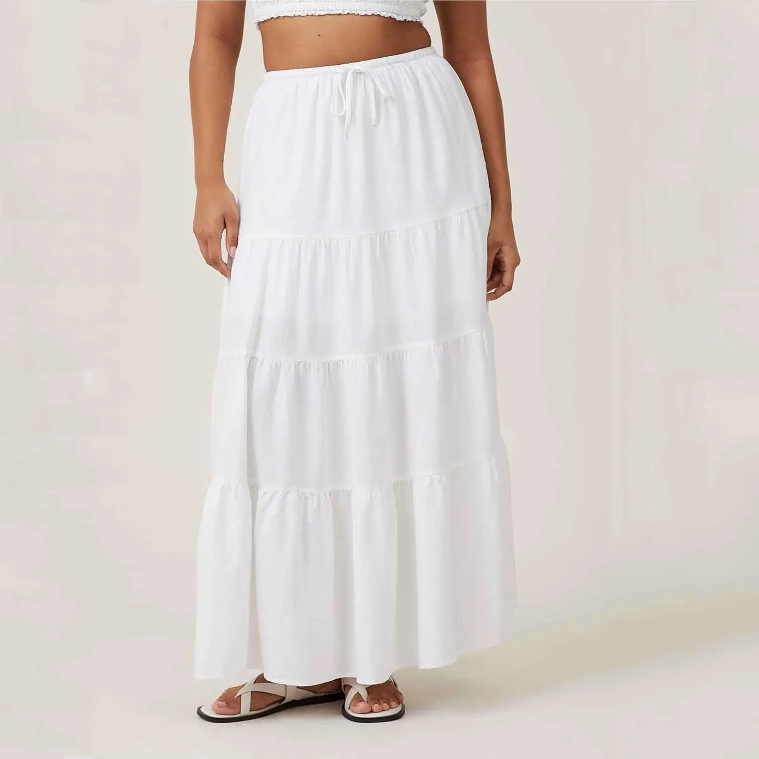 Womens Boho Elastic High Waist Pleated A-Line Flowy Swing Asymmetric Tiered Maxi Long Skirt Dress with Drawstring
