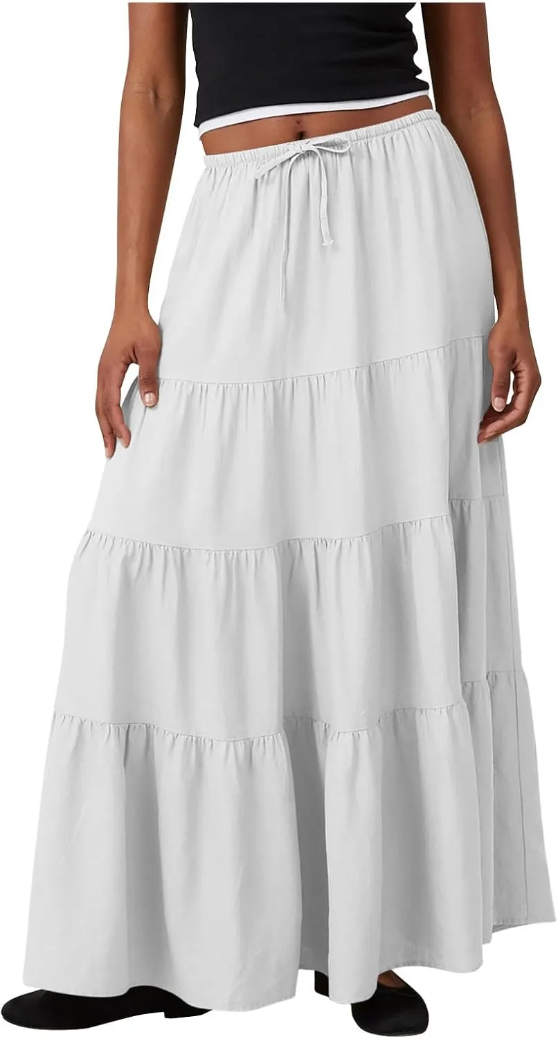 Womens Boho Elastic High Waist Pleated A-Line Flowy Swing Asymmetric Tiered Maxi Long Skirt Dress with Drawstring