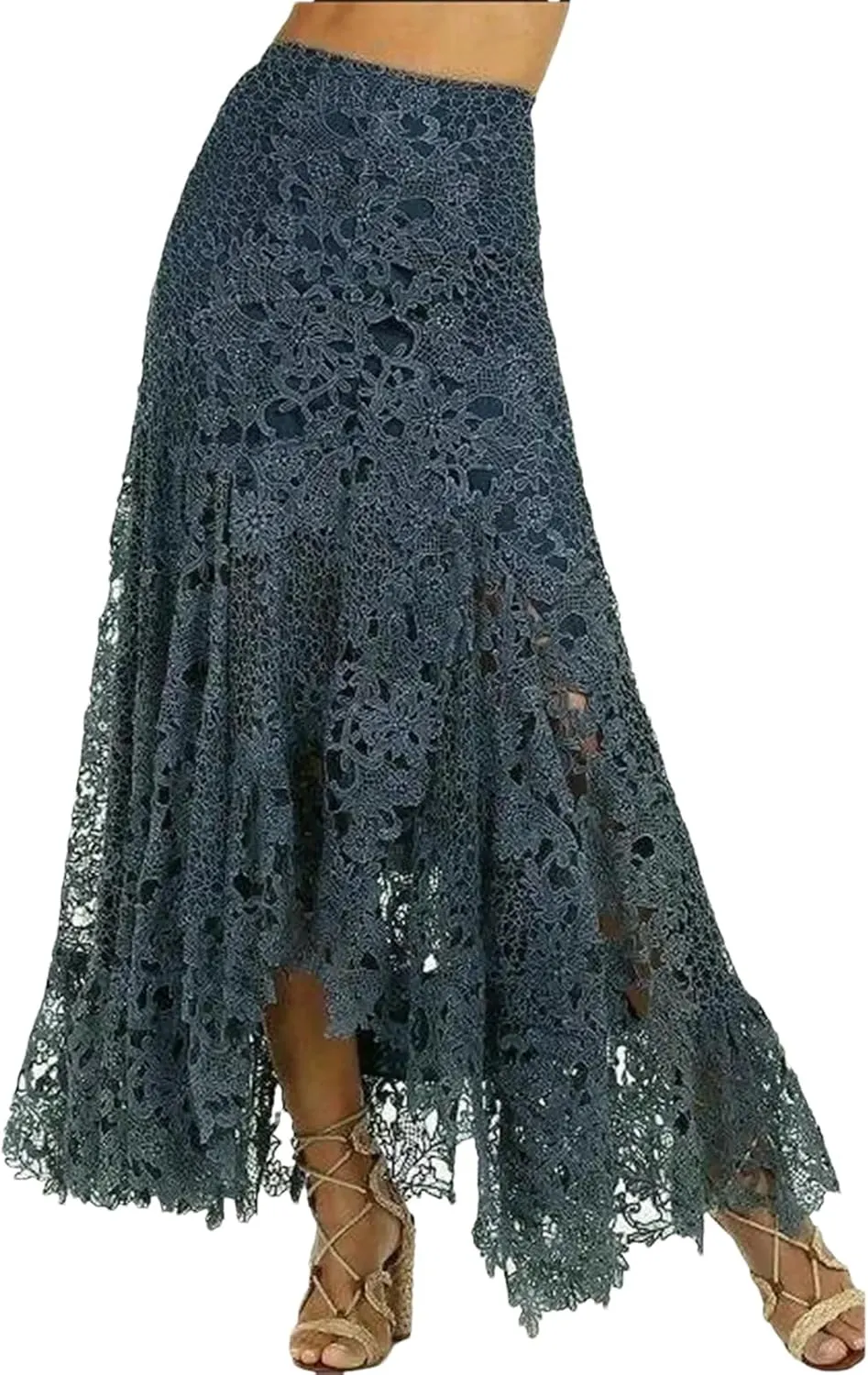 Women's Boho Lace Maxi Skirt, Asymmetric Hem Hollow Out Beach Resort Skirt
