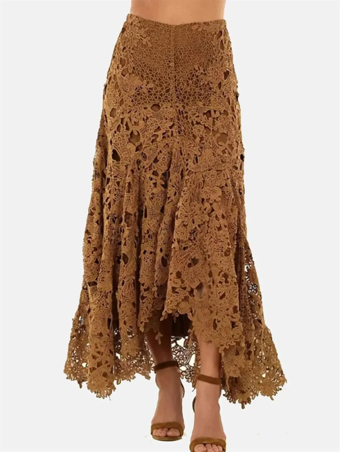 Women's Boho Lace Maxi Skirt, Asymmetric Hem Hollow Out Beach Resort Skirt