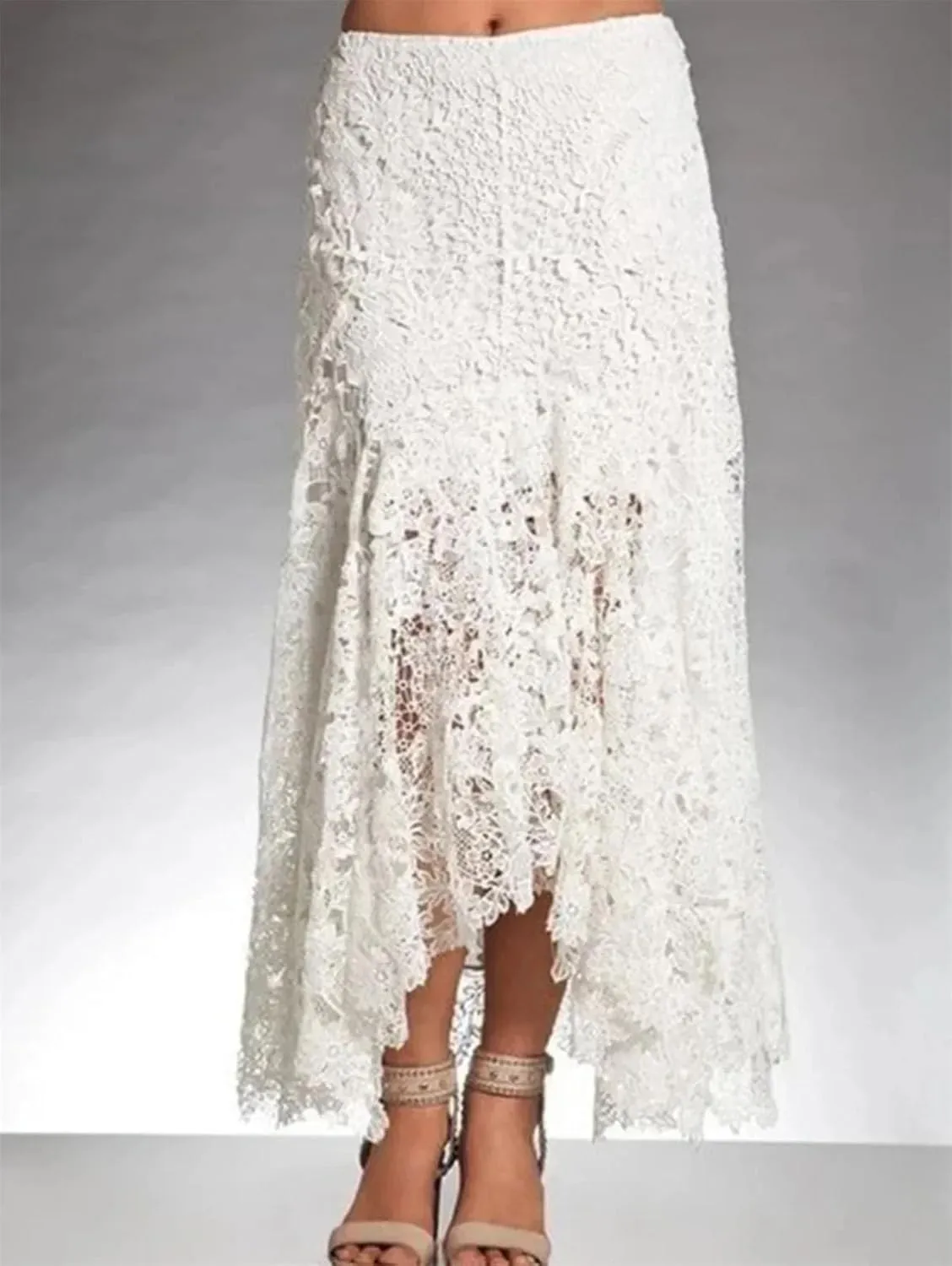 Women's Boho Lace Maxi Skirt, Asymmetric Hem Hollow Out Beach Resort Skirt