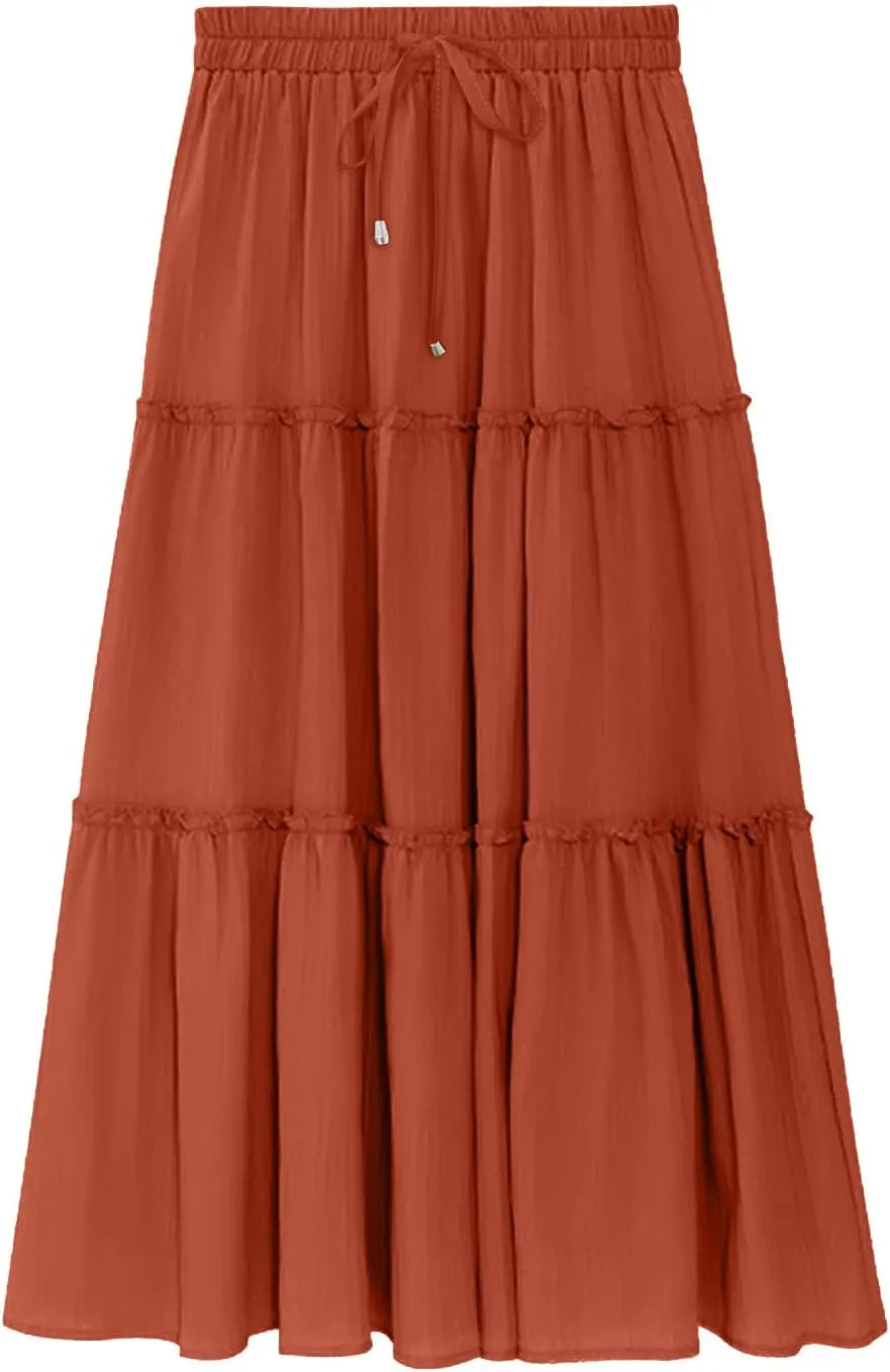 Women's Boho Summer Skirt Elastic High Waist Pleated Mini A-Line Flowy Swing Asymmetric Tiered Maxi Long Skirt Dress
