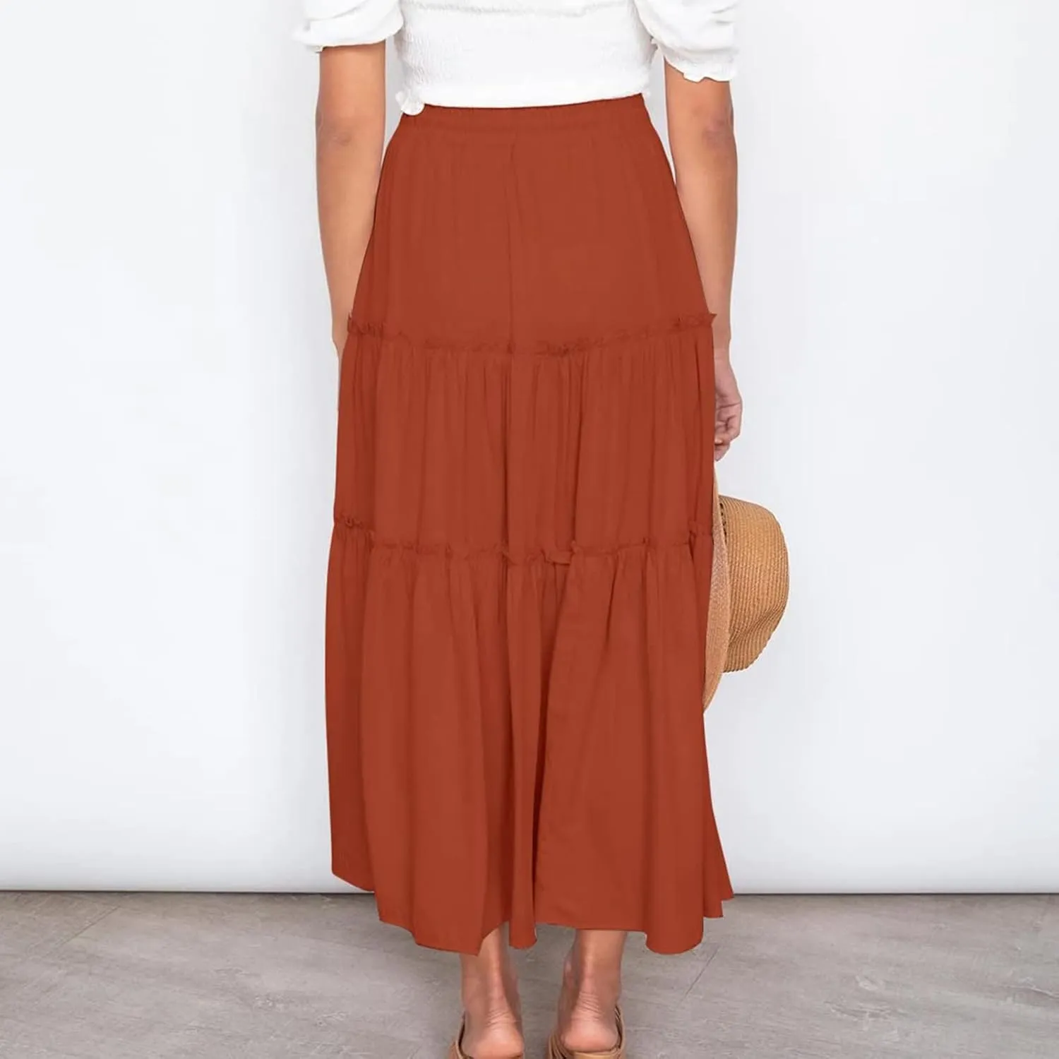 Women's Boho Summer Skirt Elastic High Waist Pleated Mini A-Line Flowy Swing Asymmetric Tiered Maxi Long Skirt Dress