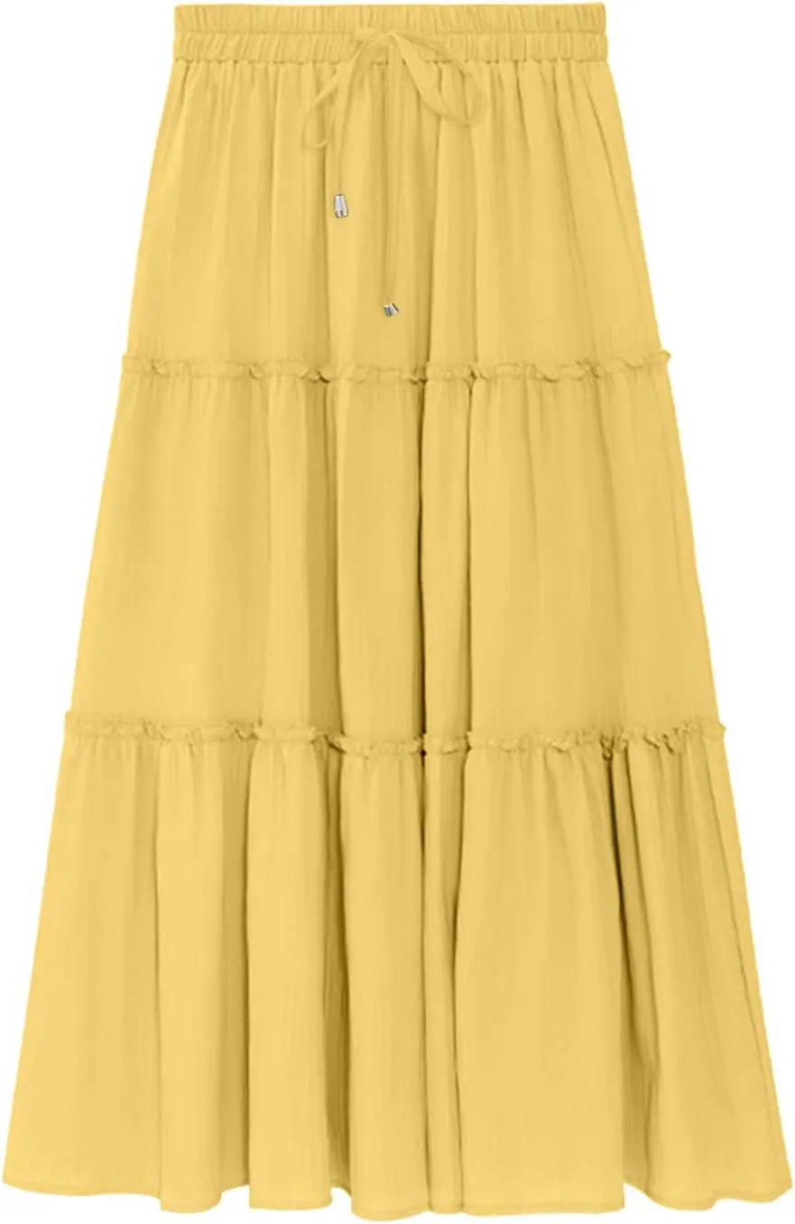 Women's Boho Summer Skirt Elastic High Waist Pleated Mini A-Line Flowy Swing Asymmetric Tiered Maxi Long Skirt Dress