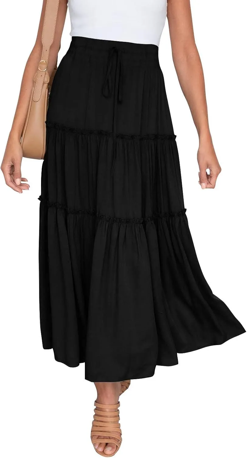 Women's Boho Summer Skirt Elastic High Waist Pleated Mini A-Line Flowy Swing Asymmetric Tiered Maxi Long Skirt Dress