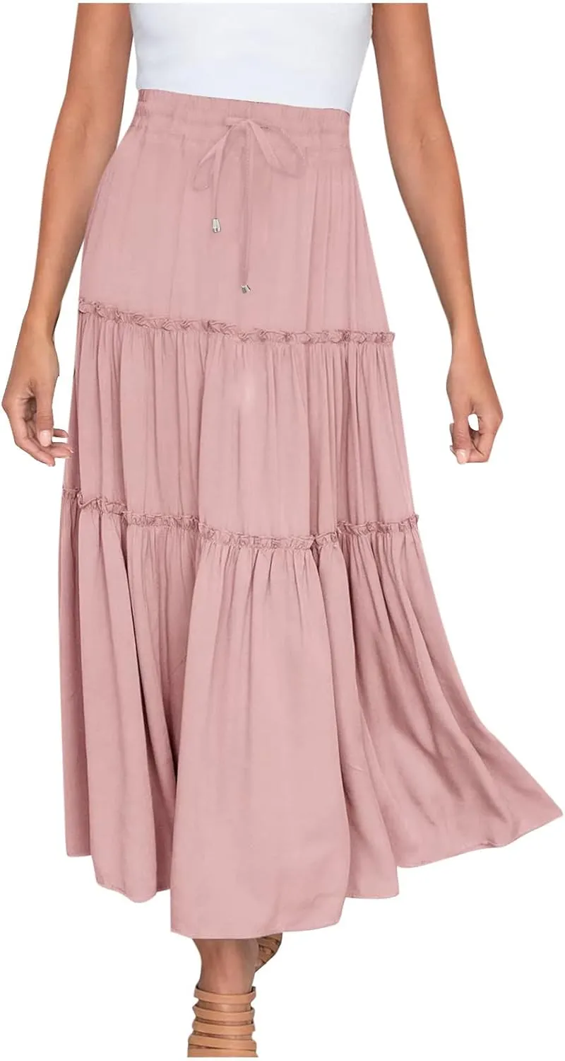 Women's Boho Summer Skirt Elastic High Waist Pleated Mini A-Line Flowy Swing Asymmetric Tiered Maxi Long Skirt Dress