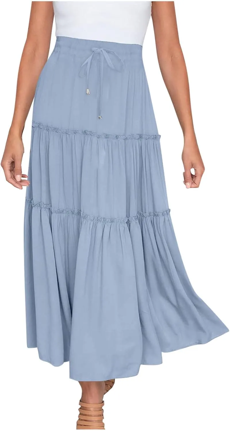 Women's Boho Summer Skirt Elastic High Waist Pleated Mini A-Line Flowy Swing Asymmetric Tiered Maxi Long Skirt Dress