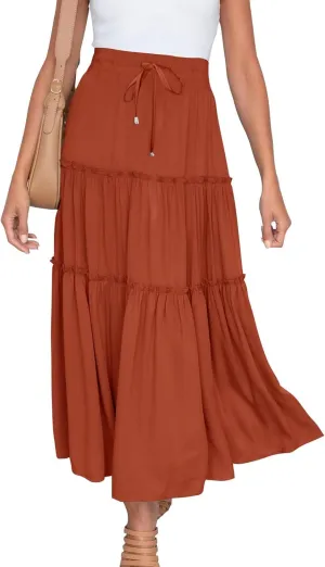 Women's Boho Summer Skirt Elastic High Waist Pleated Mini A-Line Flowy Swing Asymmetric Tiered Maxi Long Skirt Dress