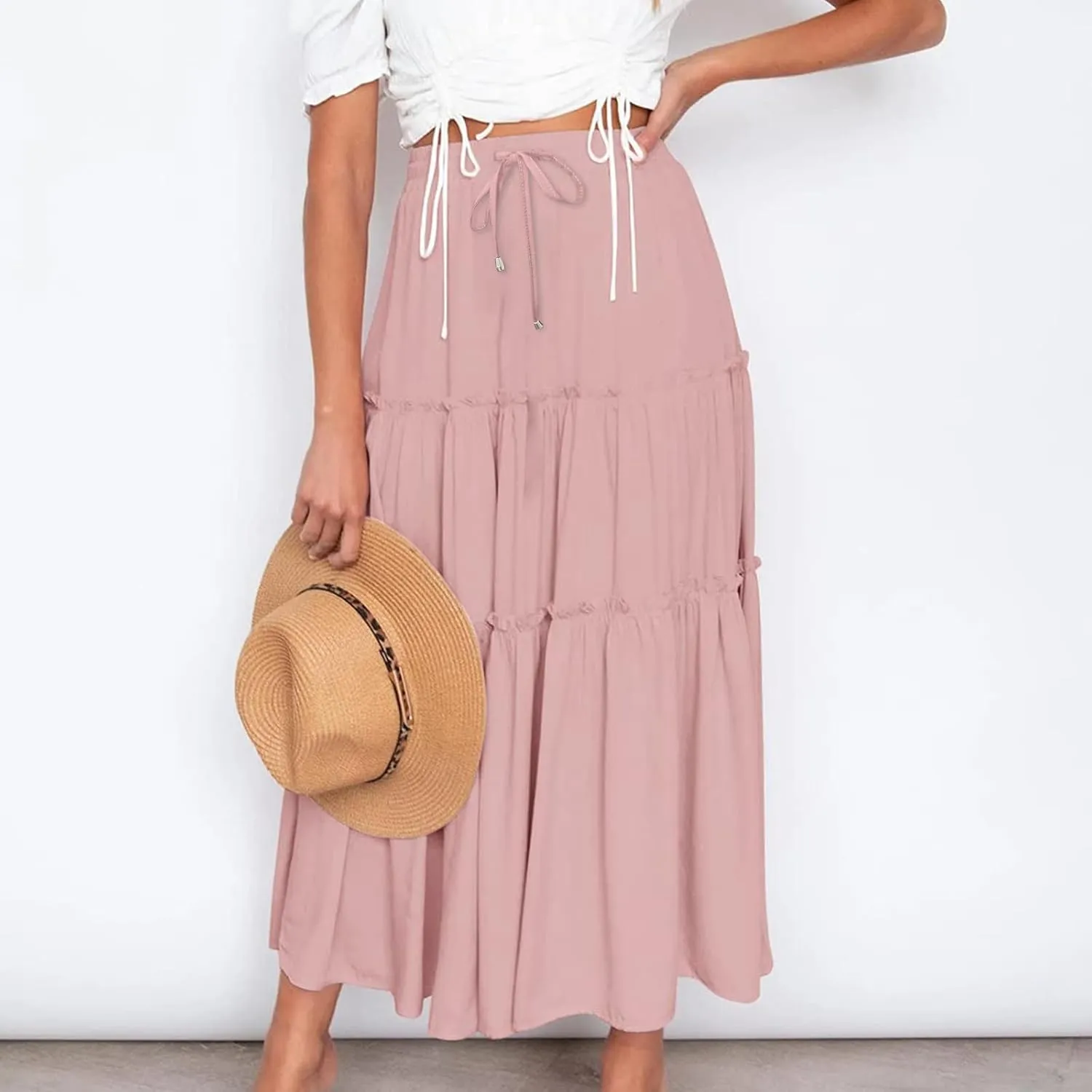 Women's Boho Summer Skirt Elastic High Waist Pleated Mini A-Line Flowy Swing Asymmetric Tiered Maxi Long Skirt Dress