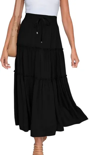Women's Boho Summer Skirt Elastic High Waist Pleated Mini A-Line Flowy Swing Asymmetric Tiered Maxi Long Skirt Dress