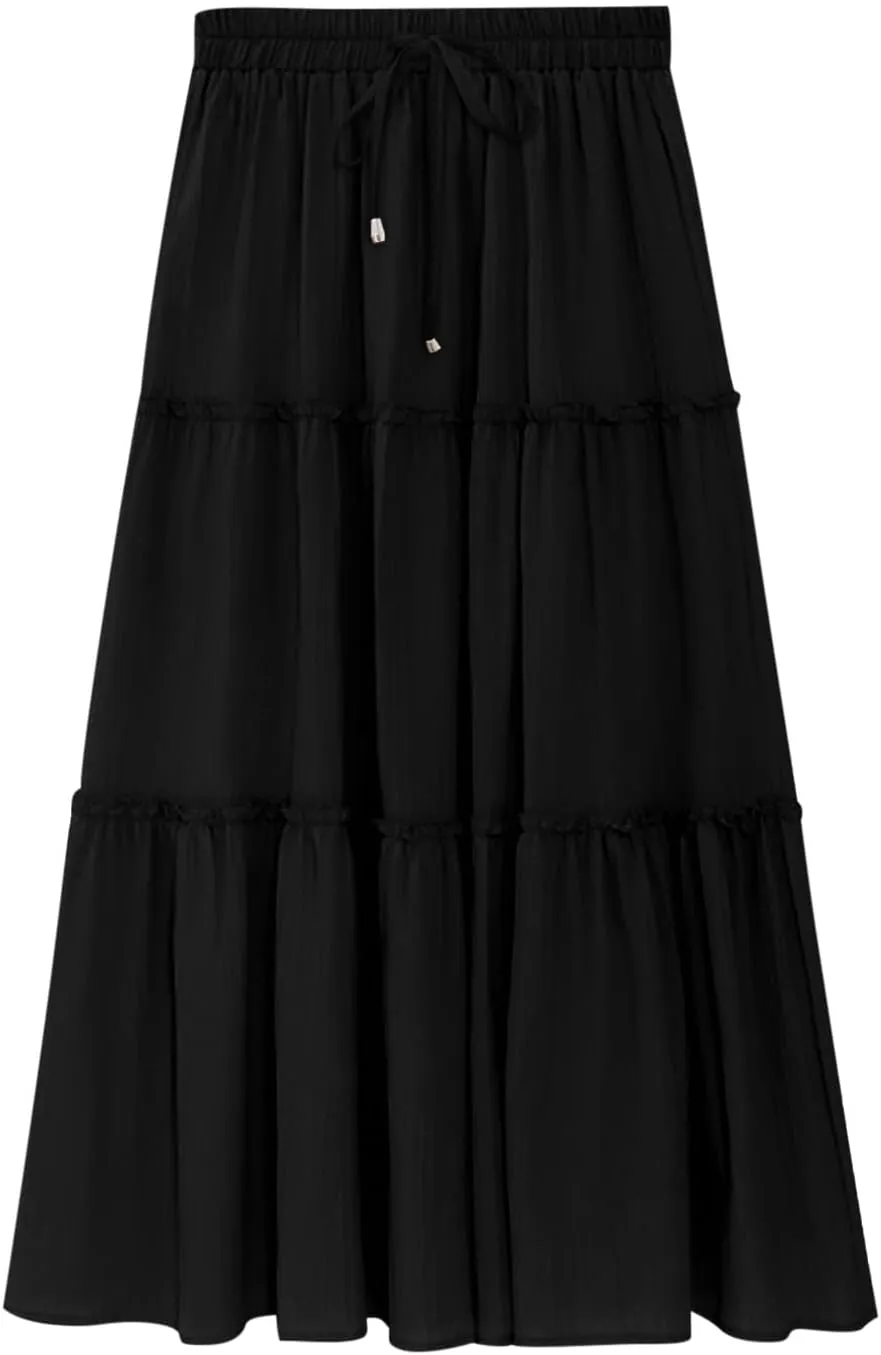 Women's Boho Summer Skirt Elastic High Waist Pleated Mini A-Line Flowy Swing Asymmetric Tiered Maxi Long Skirt Dress