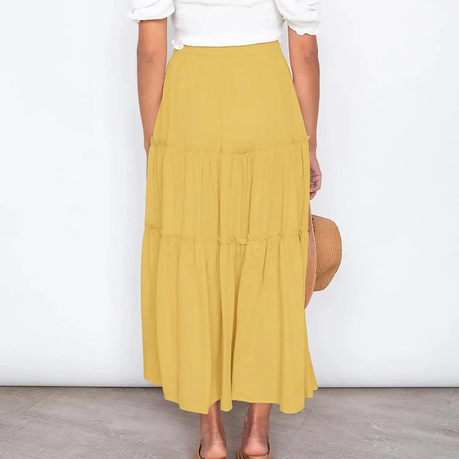 Women's Boho Summer Skirt Elastic High Waist Pleated Mini A-Line Flowy Swing Asymmetric Tiered Maxi Long Skirt Dress