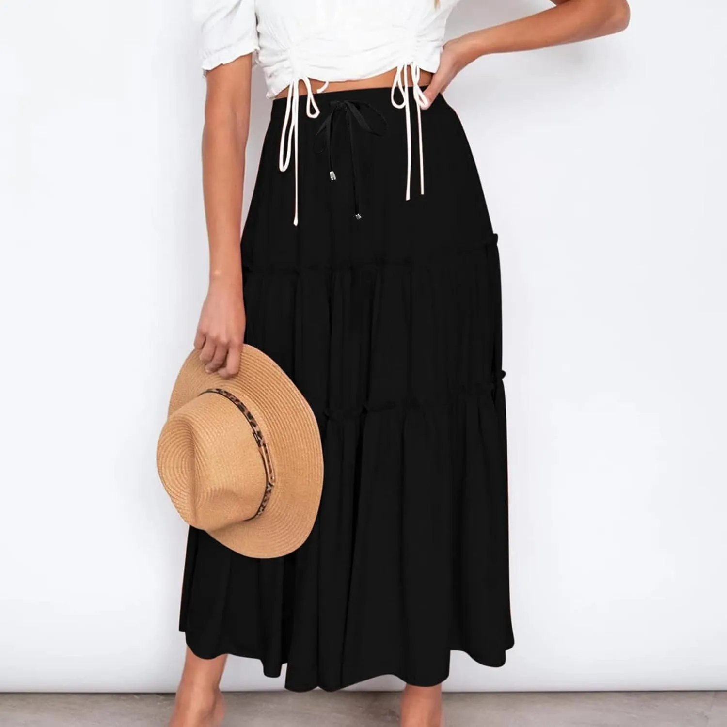 Women's Boho Summer Skirt Elastic High Waist Pleated Mini A-Line Flowy Swing Asymmetric Tiered Maxi Long Skirt Dress