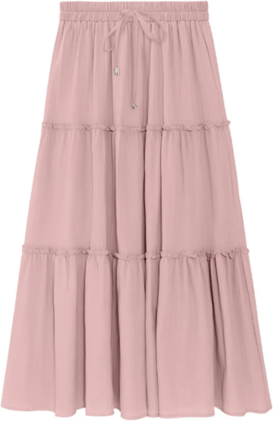 Women's Boho Summer Skirt Elastic High Waist Pleated Mini A-Line Flowy Swing Asymmetric Tiered Maxi Long Skirt Dress