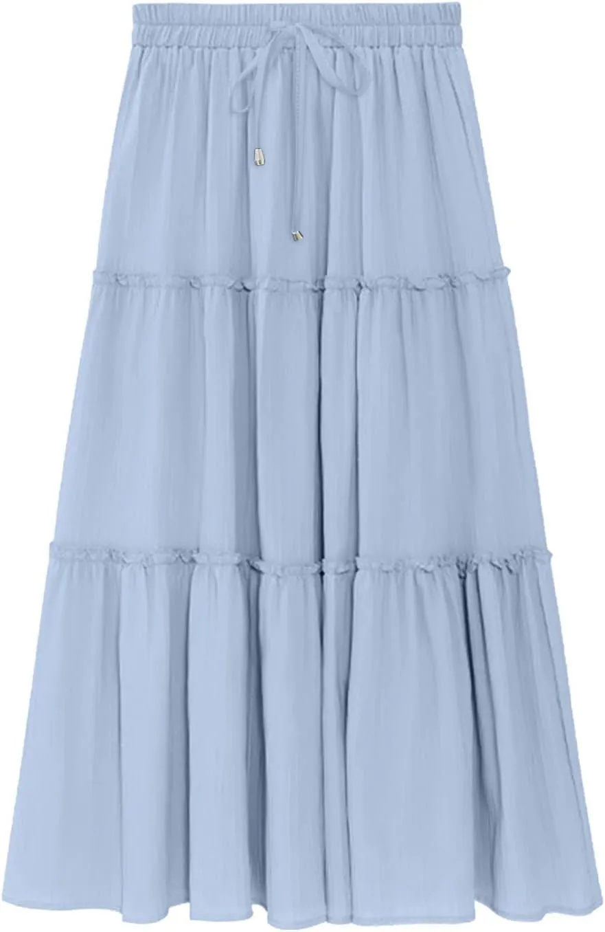 Women's Boho Summer Skirt Elastic High Waist Pleated Mini A-Line Flowy Swing Asymmetric Tiered Maxi Long Skirt Dress