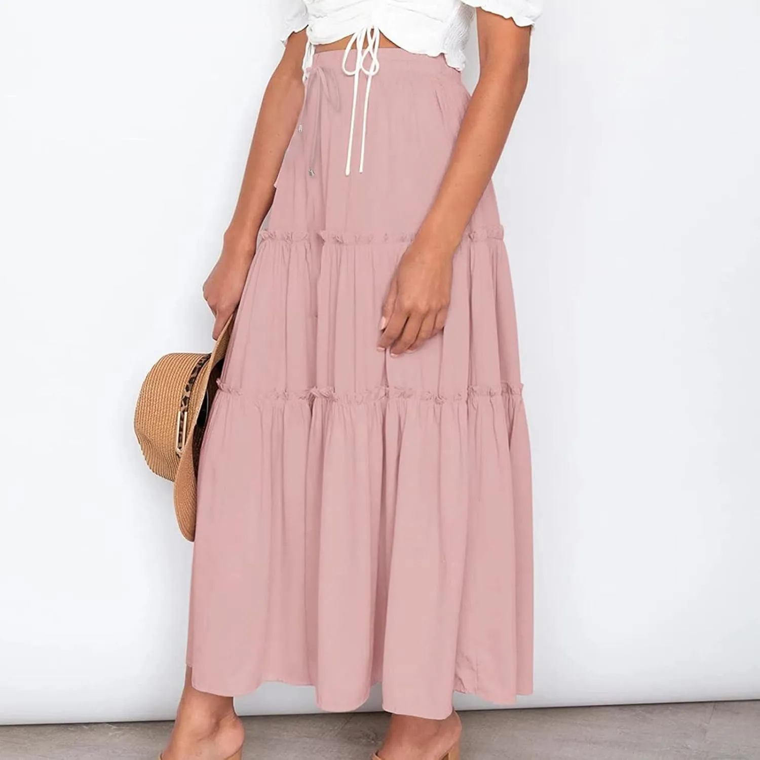 Women's Boho Summer Skirt Elastic High Waist Pleated Mini A-Line Flowy Swing Asymmetric Tiered Maxi Long Skirt Dress