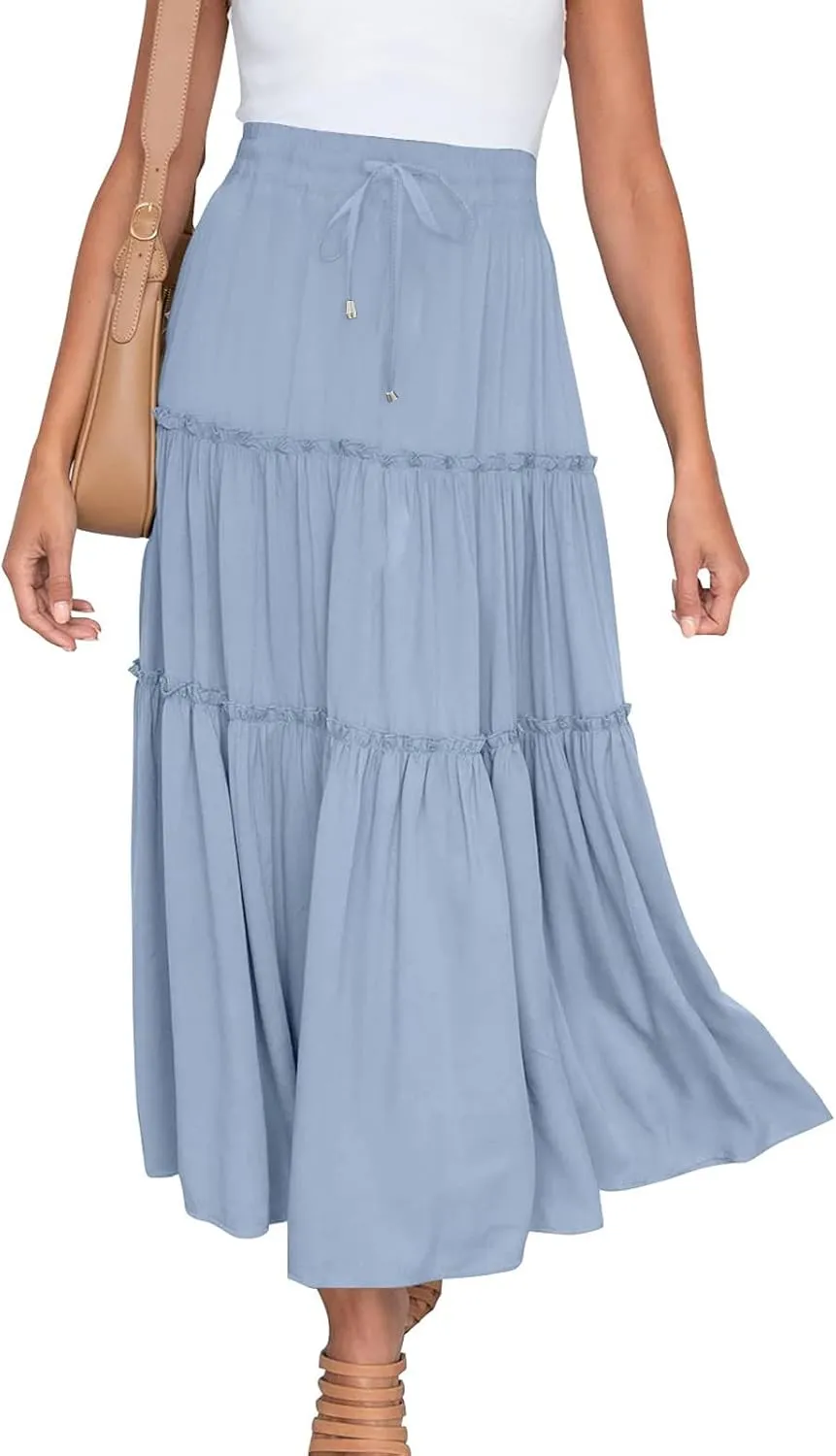 Women's Boho Summer Skirt Elastic High Waist Pleated Mini A-Line Flowy Swing Asymmetric Tiered Maxi Long Skirt Dress