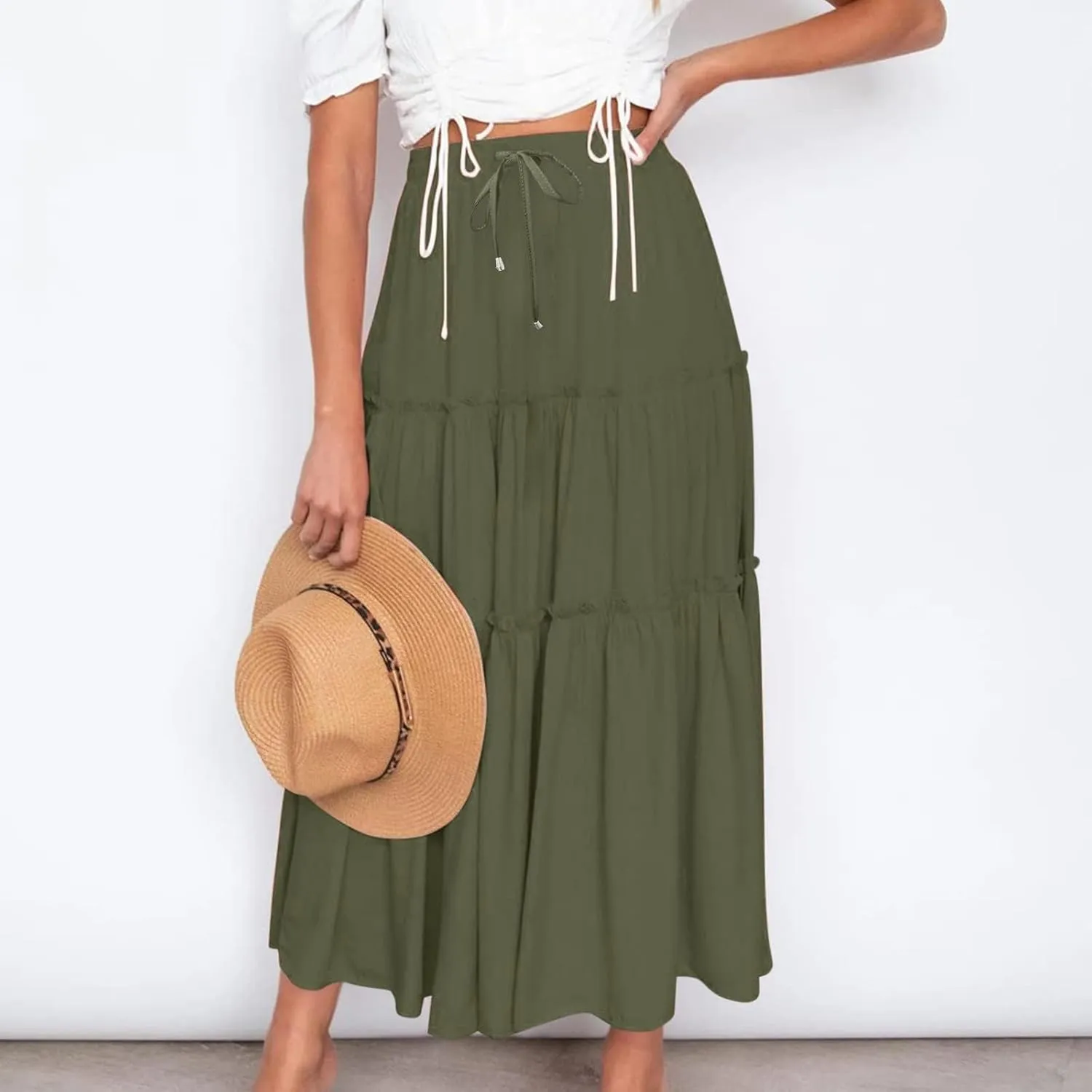 Women's Boho Summer Skirt Elastic High Waist Pleated Mini A-Line Flowy Swing Asymmetric Tiered Maxi Long Skirt Dress