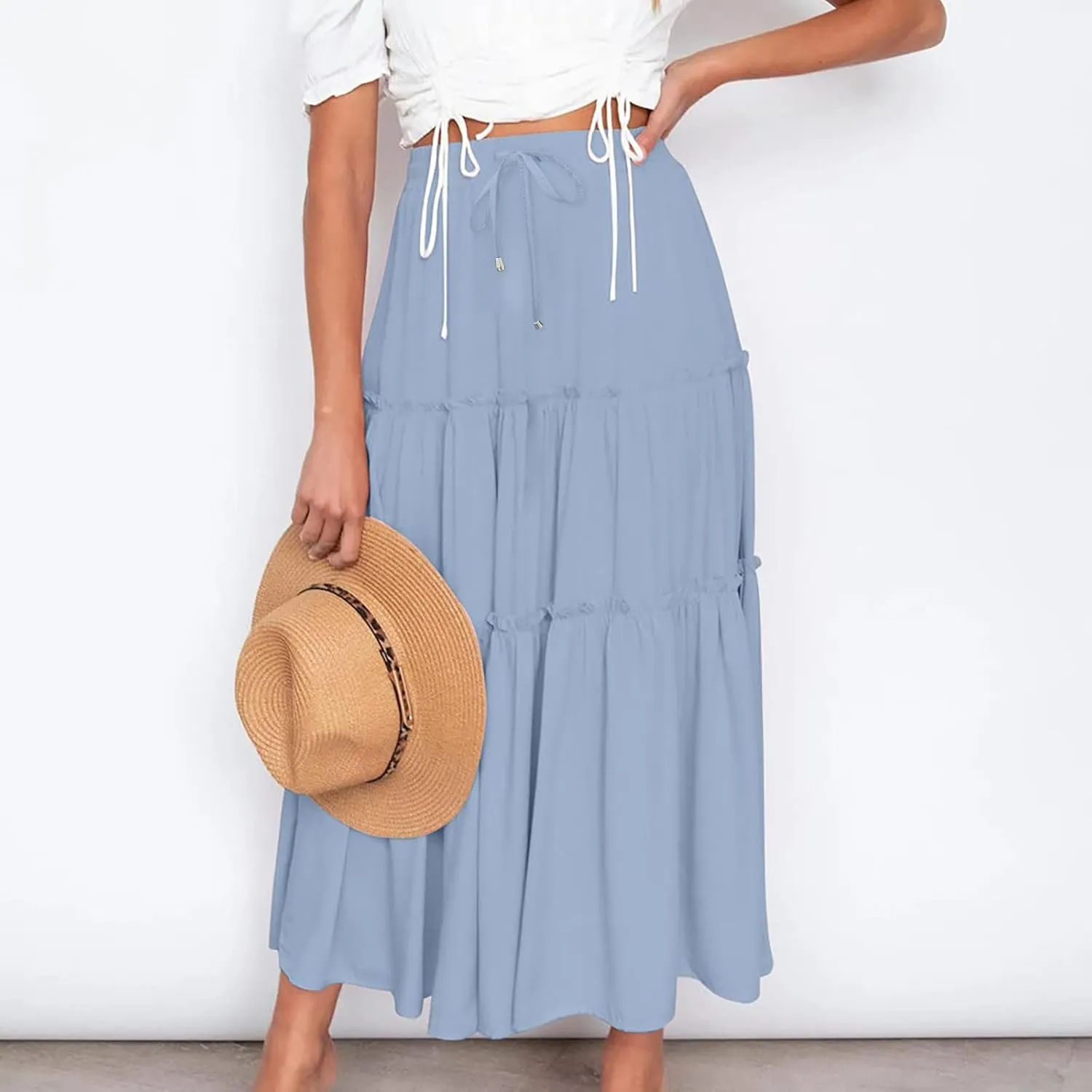 Women's Boho Summer Skirt Elastic High Waist Pleated Mini A-Line Flowy Swing Asymmetric Tiered Maxi Long Skirt Dress