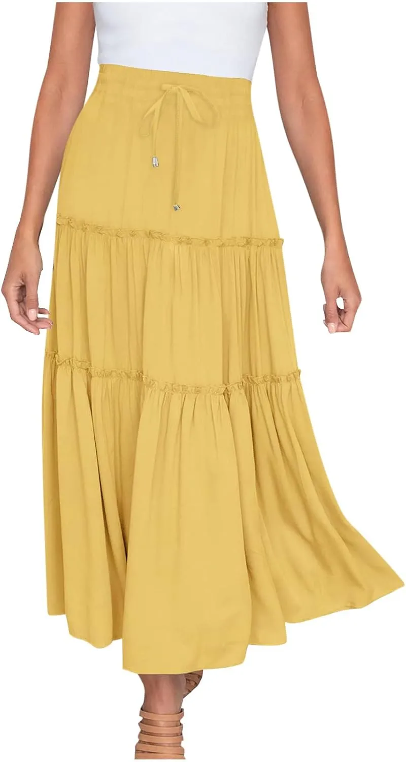 Women's Boho Summer Skirt Elastic High Waist Pleated Mini A-Line Flowy Swing Asymmetric Tiered Maxi Long Skirt Dress