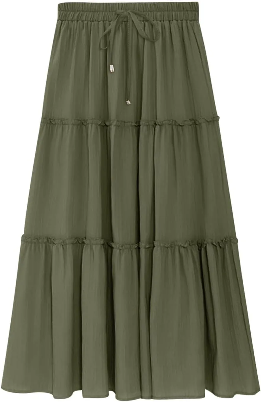 Women's Boho Summer Skirt Elastic High Waist Pleated Mini A-Line Flowy Swing Asymmetric Tiered Maxi Long Skirt Dress