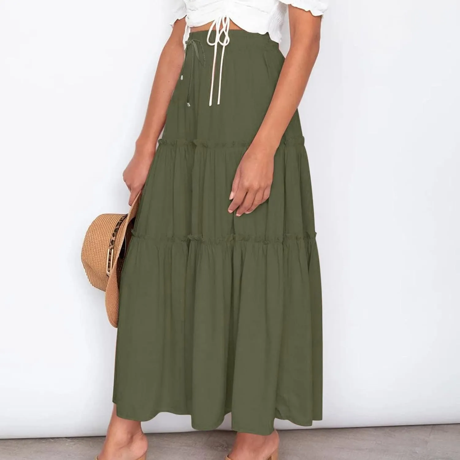 Women's Boho Summer Skirt Elastic High Waist Pleated Mini A-Line Flowy Swing Asymmetric Tiered Maxi Long Skirt Dress