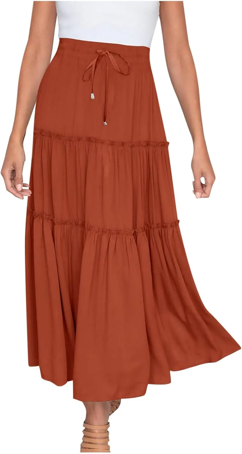 Women's Boho Summer Skirt Elastic High Waist Pleated Mini A-Line Flowy Swing Asymmetric Tiered Maxi Long Skirt Dress