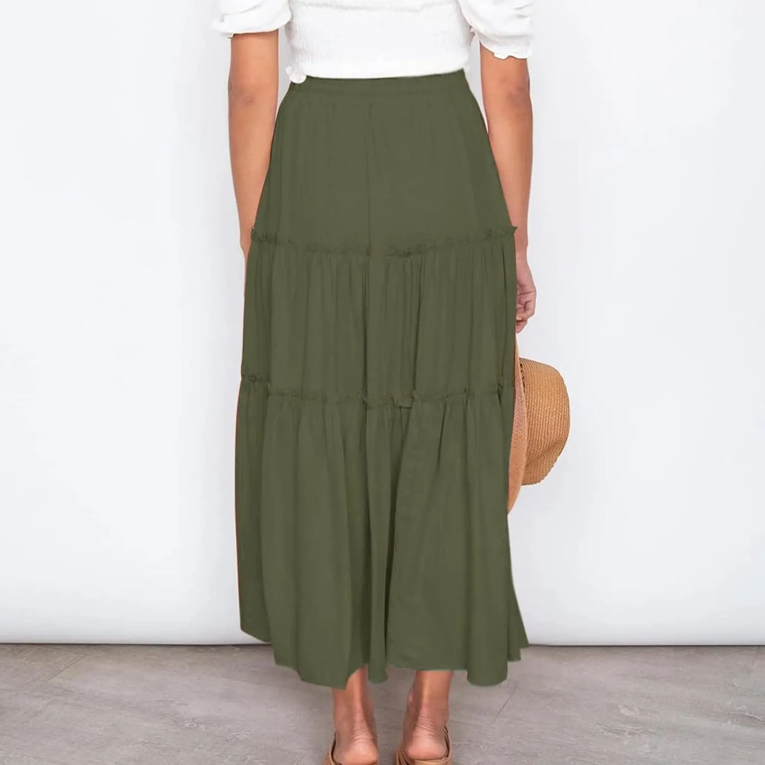 Women's Boho Summer Skirt Elastic High Waist Pleated Mini A-Line Flowy Swing Asymmetric Tiered Maxi Long Skirt Dress