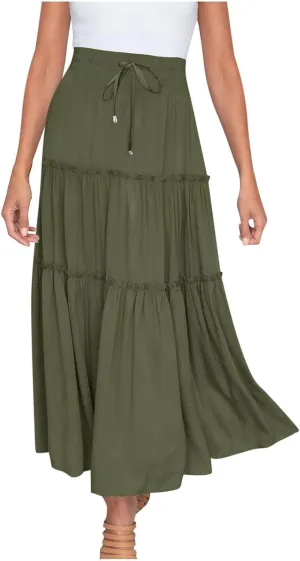Women's Boho Summer Skirt Elastic High Waist Pleated Mini A-Line Flowy Swing Asymmetric Tiered Maxi Long Skirt Dress