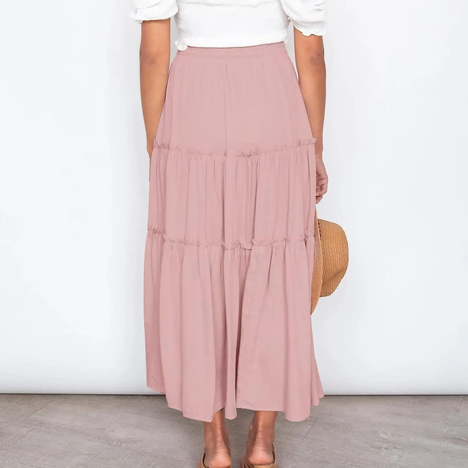 Women's Boho Summer Skirt Elastic High Waist Pleated Mini A-Line Flowy Swing Asymmetric Tiered Maxi Long Skirt Dress