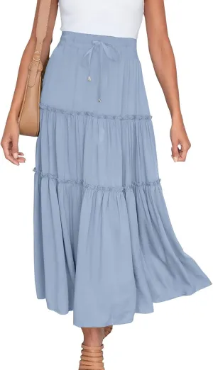 Women's Boho Summer Skirt Elastic High Waist Pleated Mini A-Line Flowy Swing Asymmetric Tiered Maxi Long Skirt Dress