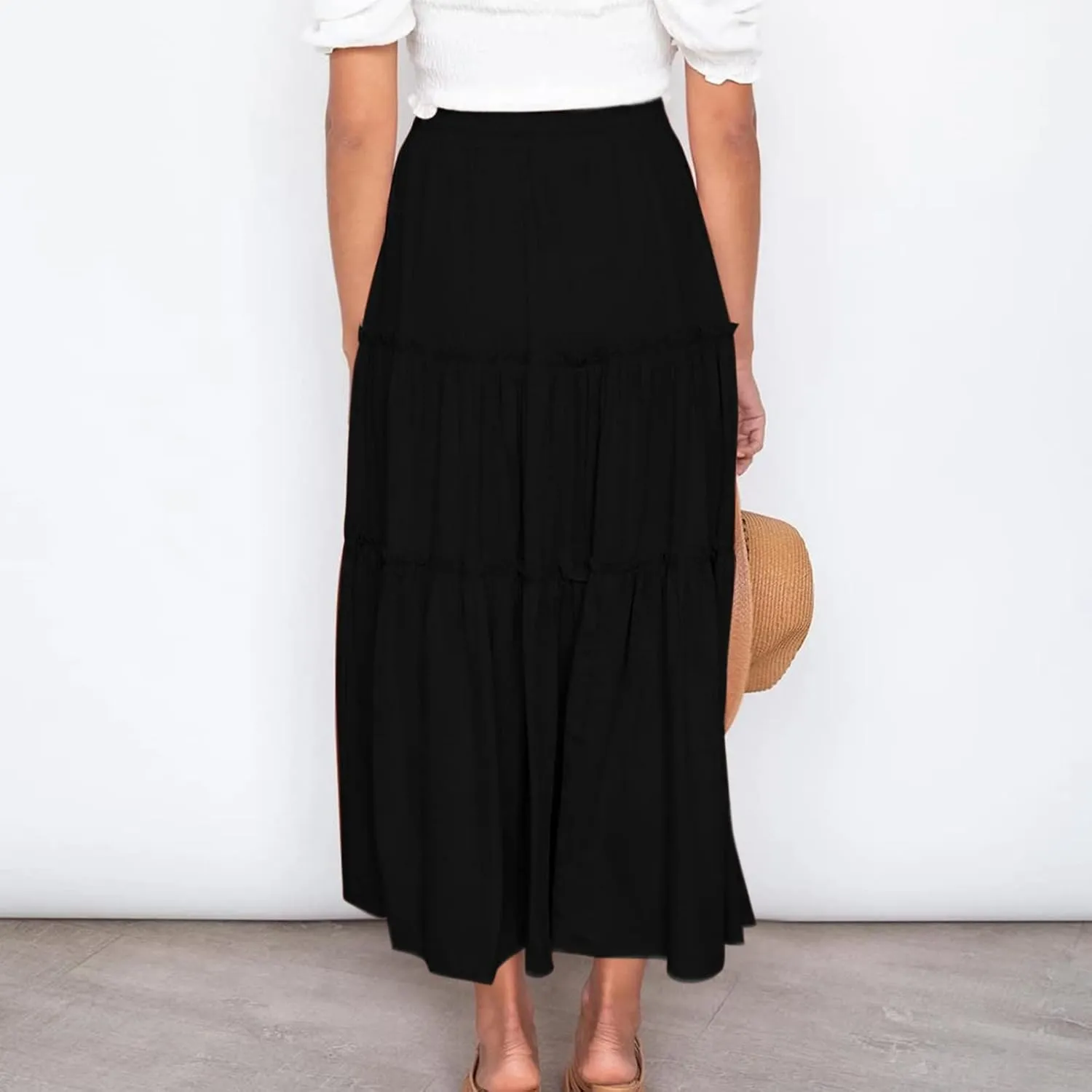 Women's Boho Summer Skirt Elastic High Waist Pleated Mini A-Line Flowy Swing Asymmetric Tiered Maxi Long Skirt Dress