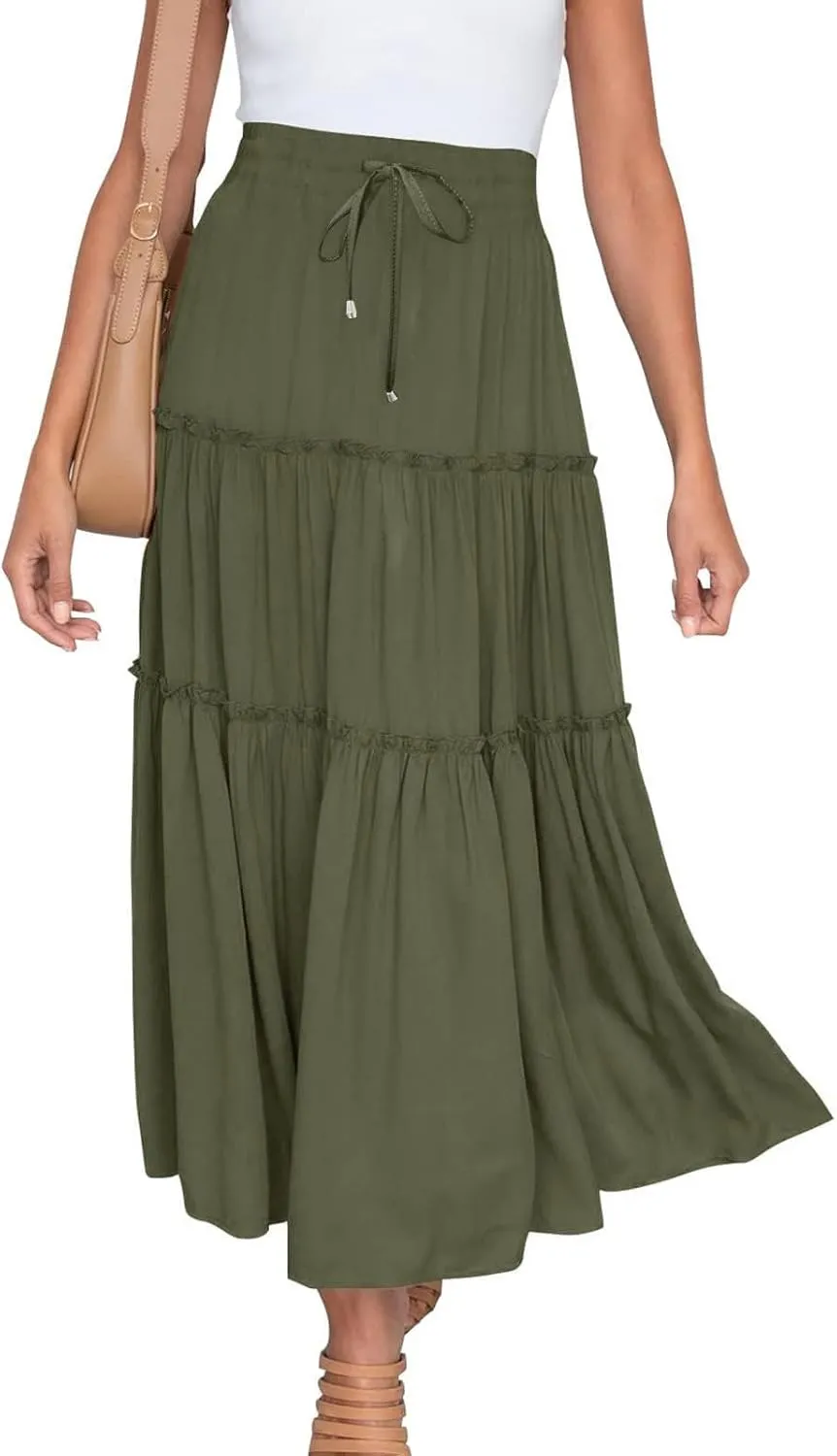 Women's Boho Summer Skirt Elastic High Waist Pleated Mini A-Line Flowy Swing Asymmetric Tiered Maxi Long Skirt Dress