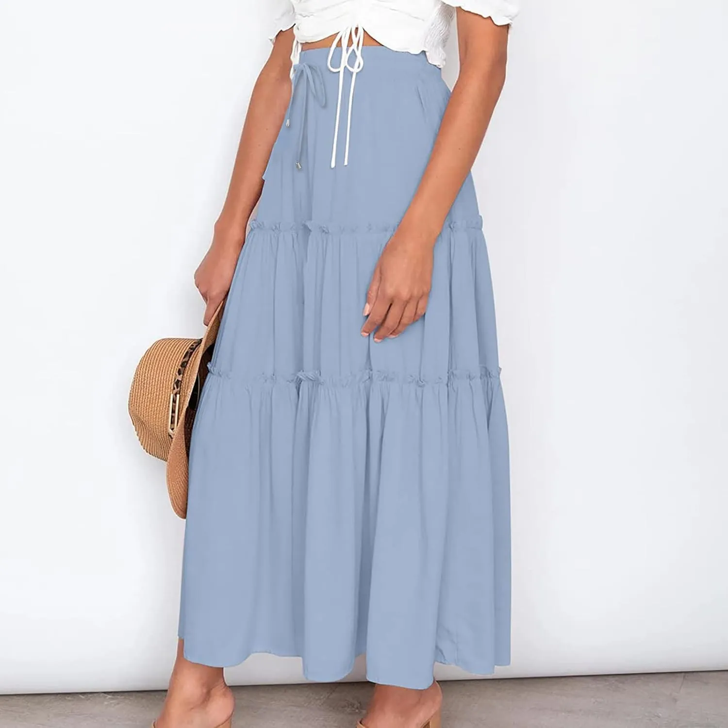 Women's Boho Summer Skirt Elastic High Waist Pleated Mini A-Line Flowy Swing Asymmetric Tiered Maxi Long Skirt Dress