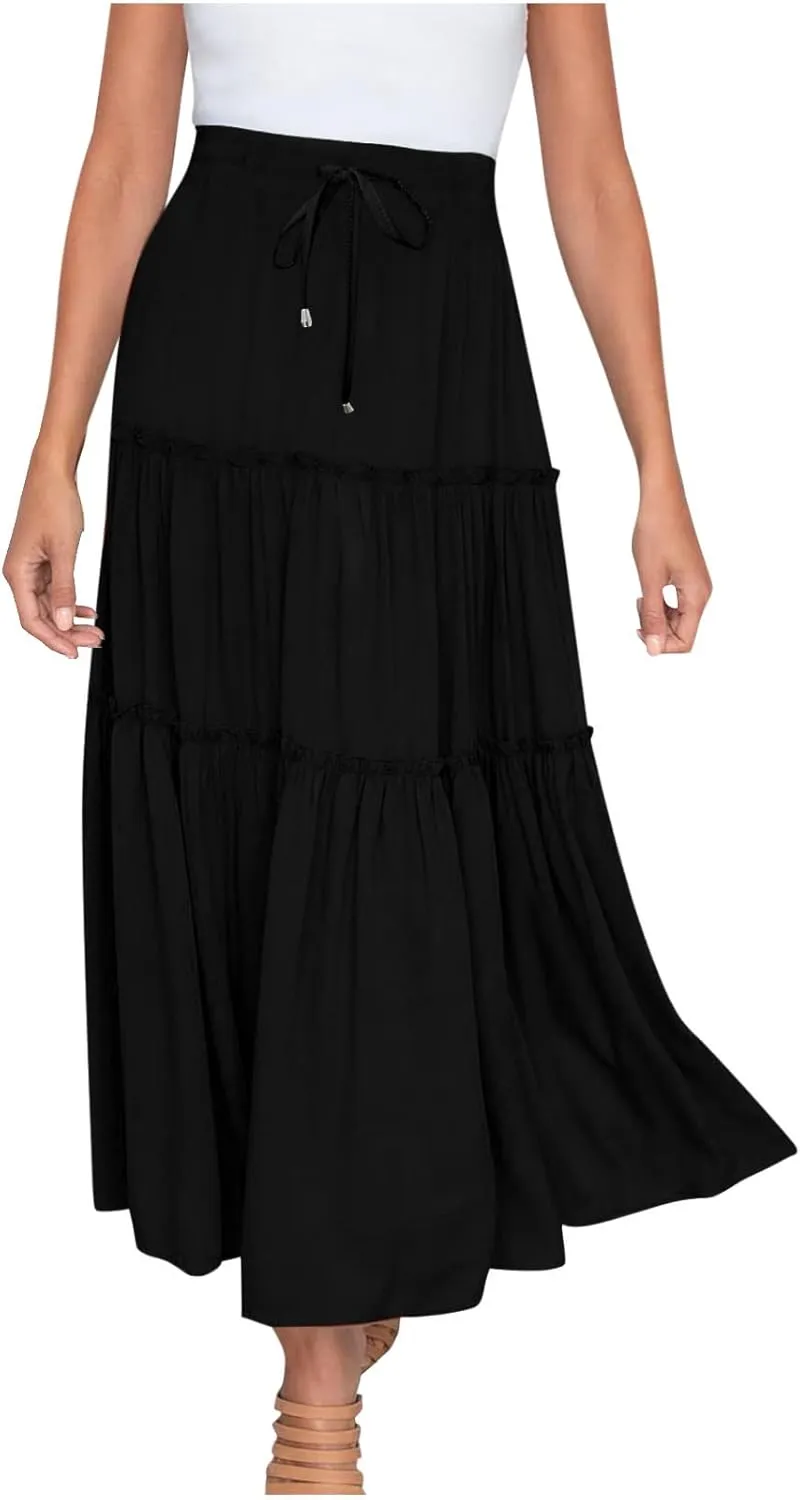 Women's Boho Summer Skirt Elastic High Waist Pleated Mini A-Line Flowy Swing Asymmetric Tiered Maxi Long Skirt Dress