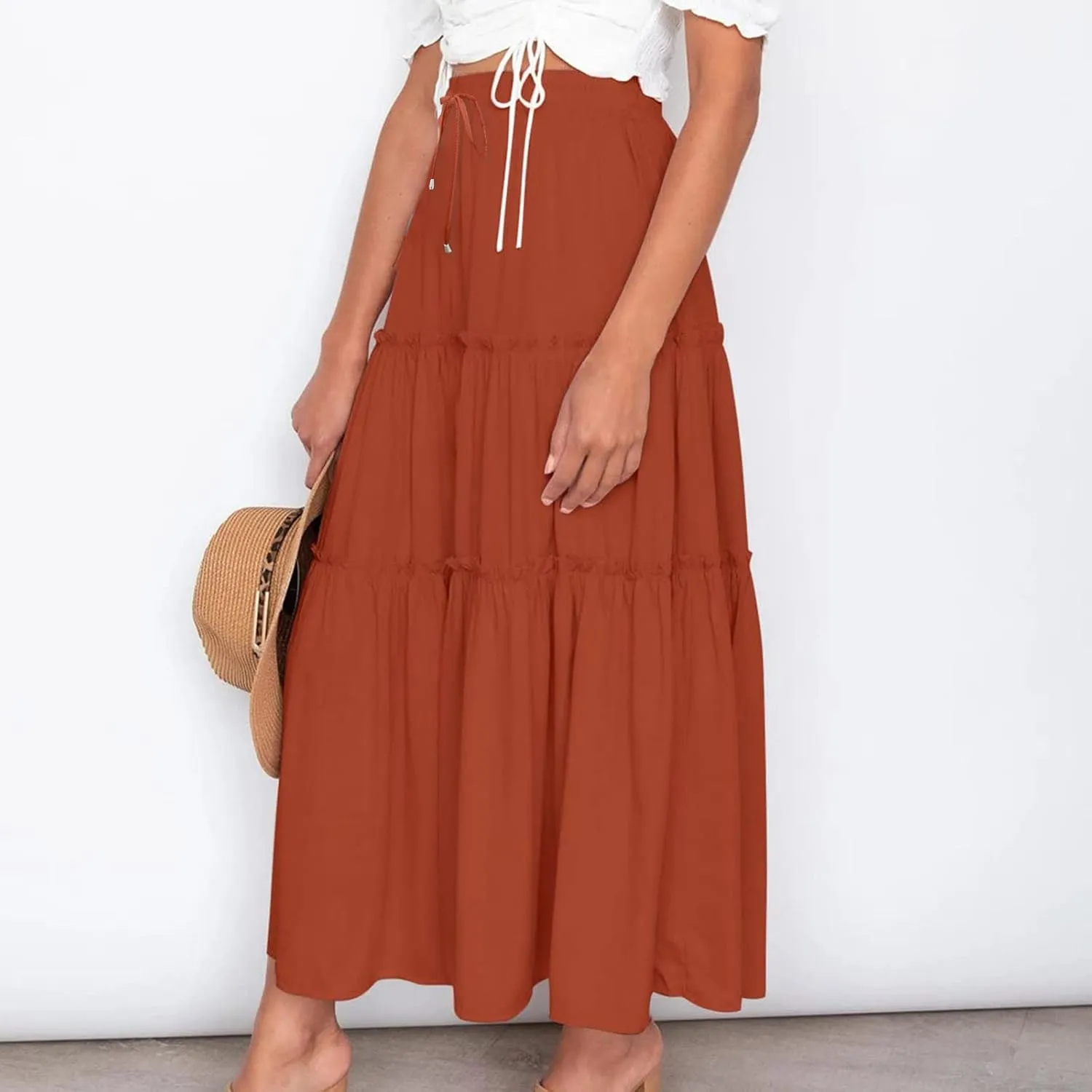 Women's Boho Summer Skirt Elastic High Waist Pleated Mini A-Line Flowy Swing Asymmetric Tiered Maxi Long Skirt Dress