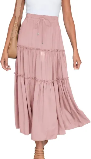 Women's Boho Summer Skirt Elastic High Waist Pleated Mini A-Line Flowy Swing Asymmetric Tiered Maxi Long Skirt Dress