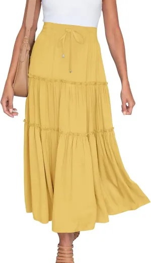 Women's Boho Summer Skirt Elastic High Waist Pleated Mini A-Line Flowy Swing Asymmetric Tiered Maxi Long Skirt Dress