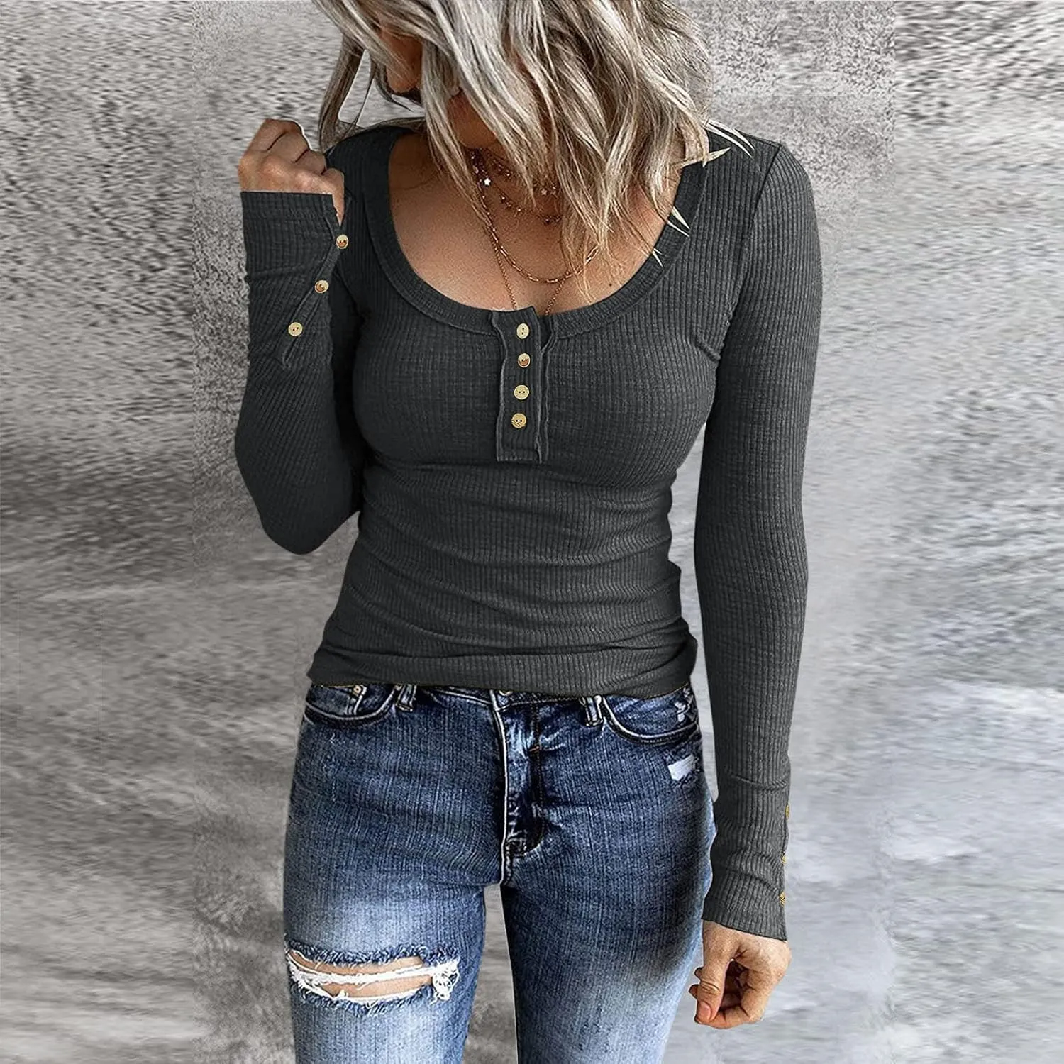 Womens Button Down Hoodies 2024 Long Sleeve Pullover Tops Lightweight Solid Crewneck Sweatshirts Slim Fit Fall Outfits