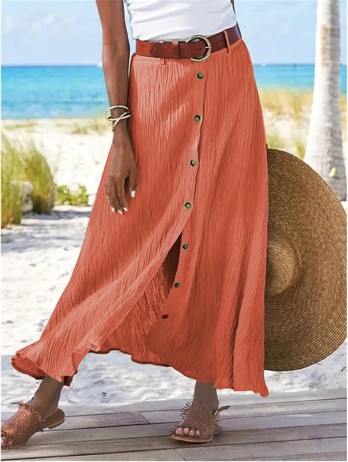 Womens Button Flowy Maxi Skirt 2025 Summer Casual High Waist A-Line Tiered Skirt Beach Vacation Outfits