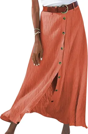 Womens Button Flowy Maxi Skirt 2025 Summer Casual High Waist A-Line Tiered Skirt Beach Vacation Outfits