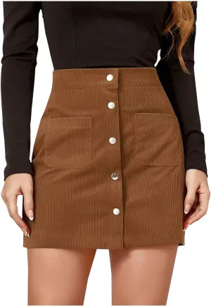 Women's Button Front Corduroy Skirts High Waist Bodycon Mini Skirt with Pockets Y2K Trendy A-Line Skirts Spring Fall