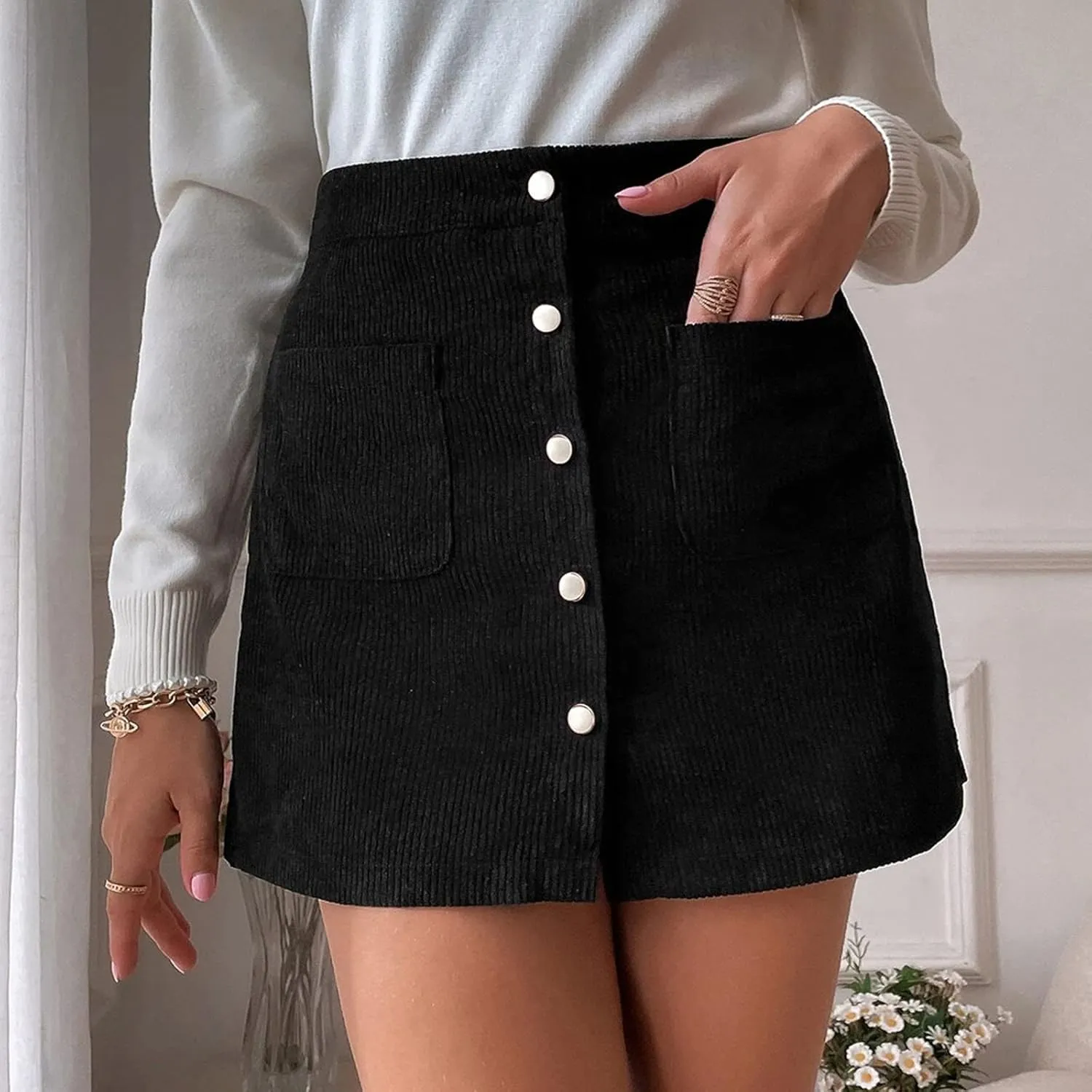 Women's Button Front Corduroy Skirts High Waist Bodycon Mini Skirt with Pockets Y2K Trendy A-Line Skirts Spring Fall